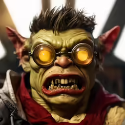 a large demon with glasses has teeth and yellow glowing eyes