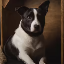 a black and white dog sitting in front of a brown door