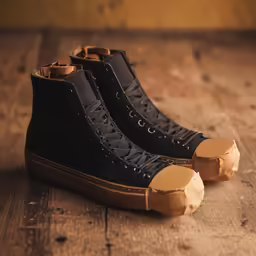 a pair of black shoes with gold accents sit on the floor