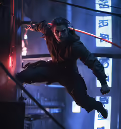 a man is on top of a staircase in the dark