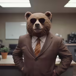a man in a business suit and bear mask