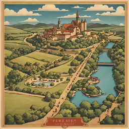 a map of an old style town that is on a hill