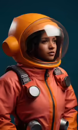 a woman wearing an orange spacesuit and black shorts