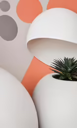 there is a potted plant in between two large white balls