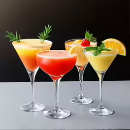 three cocktails on the table, three with different colors and garnishes