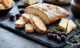 a loaf of bread and two slices of cheese sit on a slate board, surrounded by grapes, bread sticks, and butter