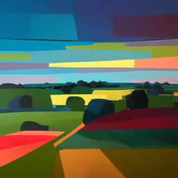 a painting of a landscape with multiple shapes