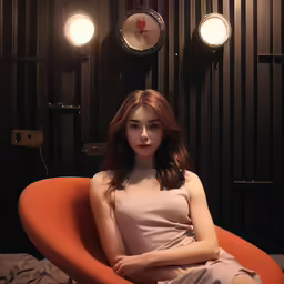 a woman is sitting in an orange chair
