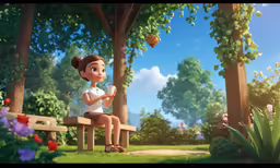 the girl is sitting on a wooden bench and holding a cup