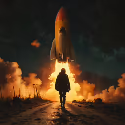 a man stands in front of a jet rocket taking off