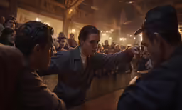 the man in the gray jacket is pointing to the side