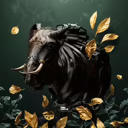 a painting with gold leaves on it with an animal with big ears