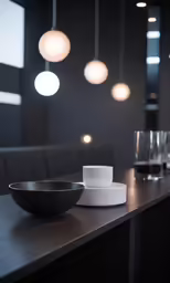 a bowl and glass are on the counter in front of a dark room with lights