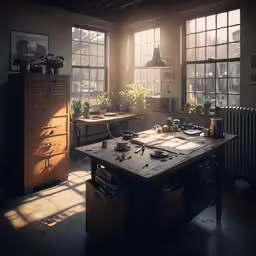 a kitchen table is shown under two windows
