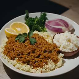 a plate full of rice, vegetables and meat on a table