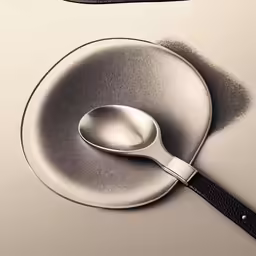 a spoon on top of a plate with a black handle