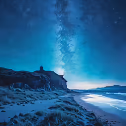 a lighthouse is surrounded by the stars above the water