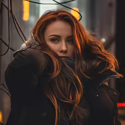 a woman with long hair stands in a dark city
