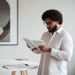 a man holding a piece of paper that is next to his face