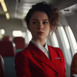 a woman with a red suit and some seats