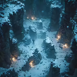 a night scene shows people on a snowy path through a cave