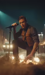 a man with a microphone sitting in front of a stage