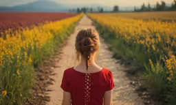 a woman in a red dress looking into a yellow flower field