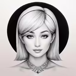 a woman wearing a black hat, diamond necklace and a choke