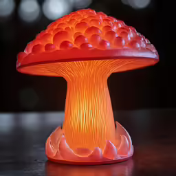 a glass lamp with a small base, glowing red