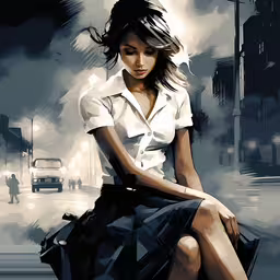 the woman is sitting on a curb by herself,painting of a woman sitting on top of a box