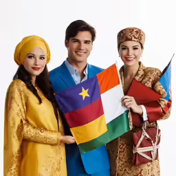 three women and a man posing with some flags