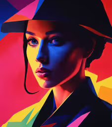 a woman in a colorful hat poses for the camera,an image of a woman wearing a fedora in the colors of rainbows