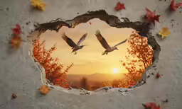 a window in the wall that has two birds coming out from it
