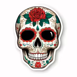 a skull sticker with a red rose on it