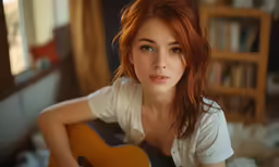 woman with red hair in room playing guitar