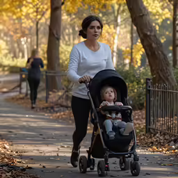 a mother pushing a stroller with her baby in it