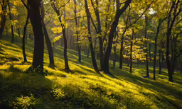 sunlight shines through the trees and grass on a green hillside