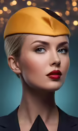 the blonde lady in the black blouse has red lipstick on her lips
