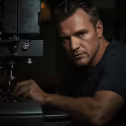 man working on a computer in a dark room