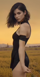 a woman posing in a field with a sky background