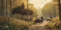 a person in a cart on the road as traffic goes by,a man with horses pulling an empty cart