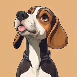 a cartoon style dog is wearing a black harness