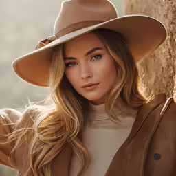 a woman in a tan coat and hat with brown hair