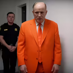 an older man in an orange suit standing next to two policemen