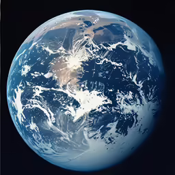 a dark blue earth has white clouds and a distant light on top