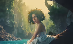 a woman sitting on rocks by the river