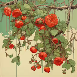 a tree branch with red roses and leaves in it,illustration of a tree branch with red flowers and buds
