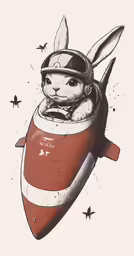 the bunny is sitting on top of the rocket ship