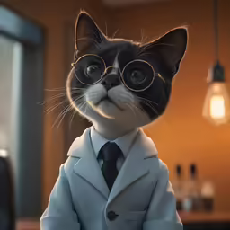 the cat in a white coat has glasses
