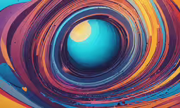 the painting shows a circular, blue circle surrounded by multicolored waves,the inside of an art work showing colors in a circular